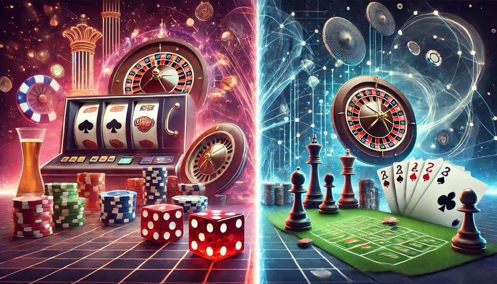 DALL·E 2025 03 04 13.26.31 A dynamic and visually engaging image comparing games of chance and strategy. On the left, a vibrant casino scene with slot machines, roulette wheels,