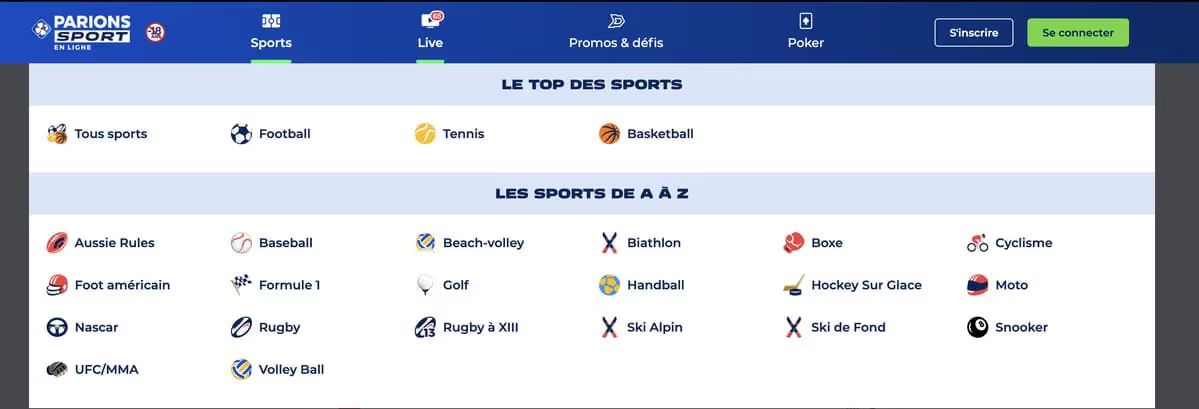 Les sports disponibles sur Parions Sport