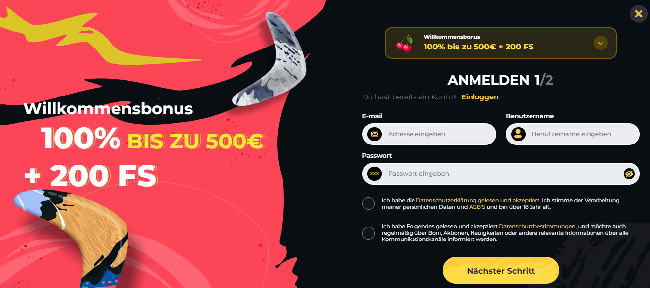 Boomerang Registrierung Screenshot