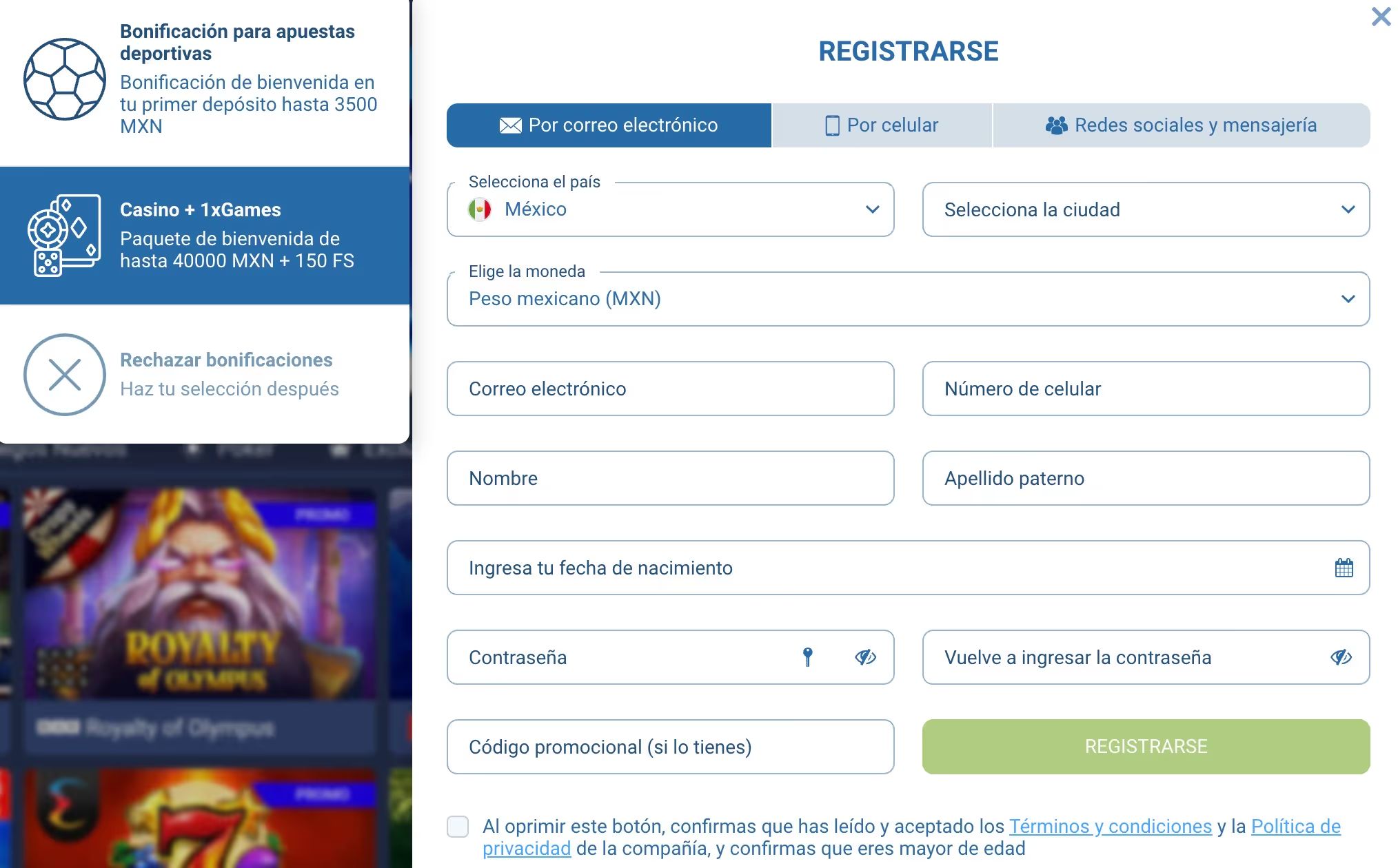 registro 1xbet casino