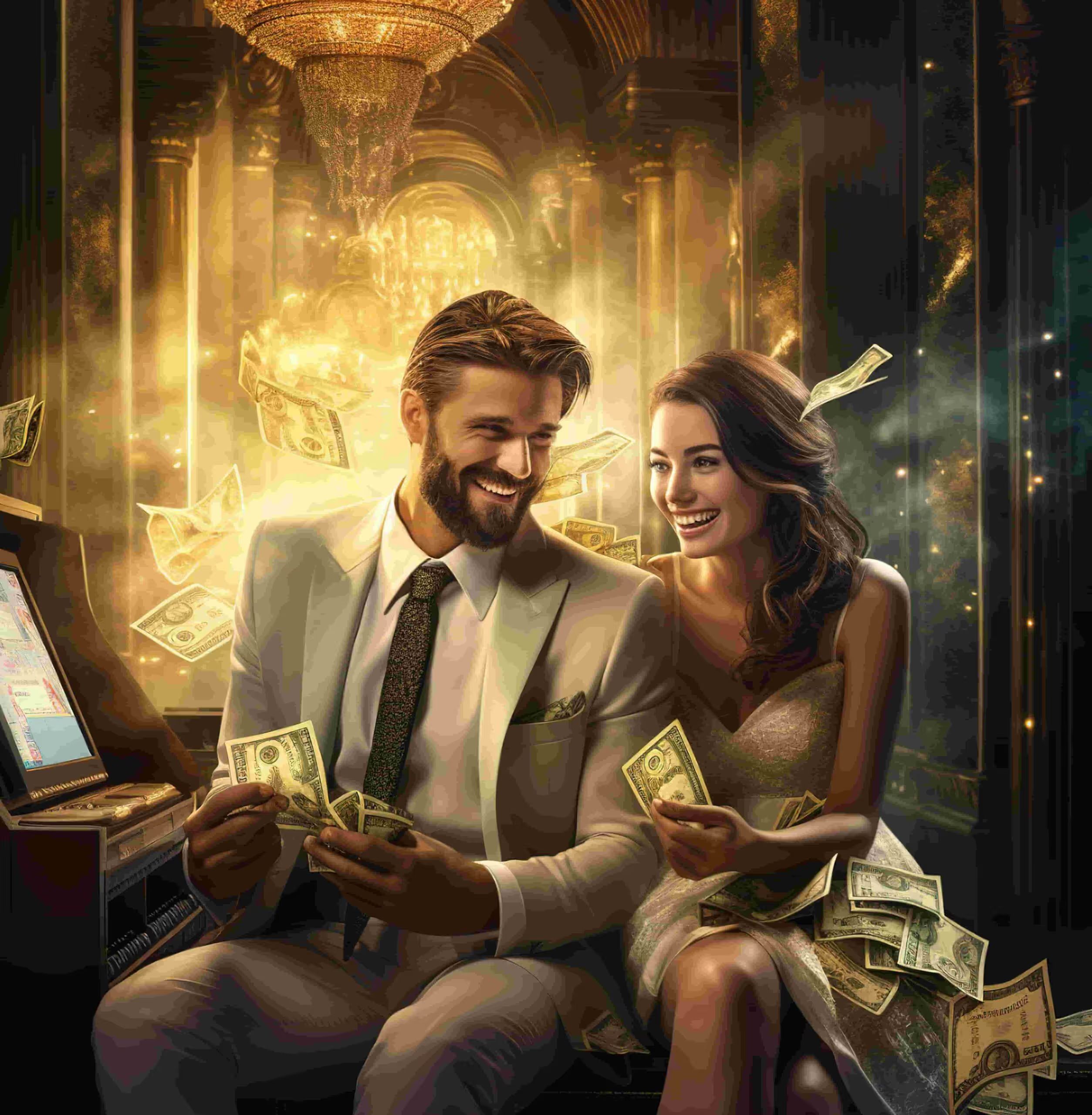 man woman are sitting front laptop with money background (1) (1)