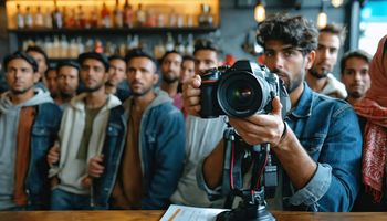 سبعة لاعبين عرب يرتدون قمصان المنتخبات يقفون معًا أمام خلفية شعار كأس العالم 2026.