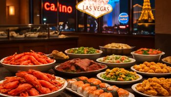 طاولة بوفيه في قصر سيزار لاس فيغاس تعرض مأكولات بحرية وسوشي ضمن تجربة طعام فاخرة لعام 2025