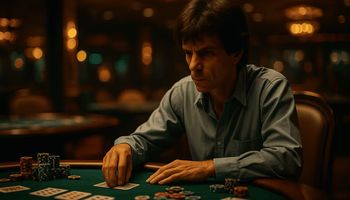 Stu Ungar concentré à une table de poker à Las Vegas, ambiance sombre et dramatique.