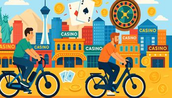 Illustration colorée représentant un marathon de joueurs visitant des casinos, avec symboles de jeux, jetons, vélos et ambiance Las Vegas.