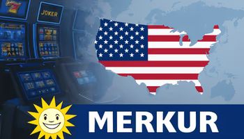 Logo de Merkur devant une carte des États-Unis, symbolisant son expansion.