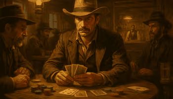Scène de poker vintage dans un saloon western, ambiance tamisée et joueurs concentrés.