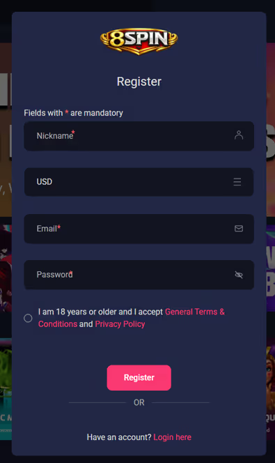 S’inscrire sur 8Spin casino
