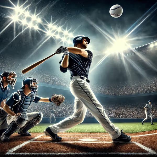 DALL·E 2025 02 10 14.47.49 A dynamic and realistic baseball scene featuring a powerful batter swinging at a fastball under stadium lights. The crowd in the background is cheerin (1)