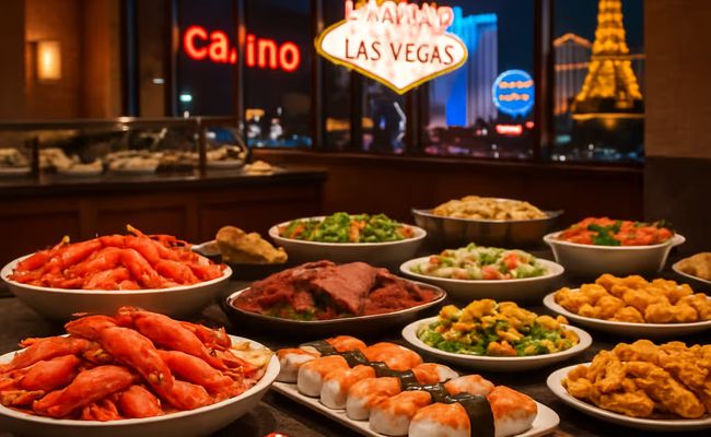 طاولة بوفيه في قصر سيزار لاس فيغاس تعرض مأكولات بحرية وسوشي ضمن تجربة طعام فاخرة لعام 2025