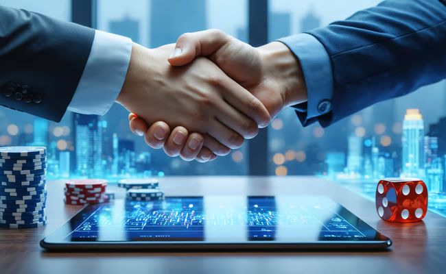 صورة توضيحية لتنظيم اليانصيب والألعاب التجارية في الإمارات تحت هيئة GCGRA، مع رموز كازينو وامتثال مالي وحماية المستهلك وتأثيرها على مشروع Wynn برأس الخيمة