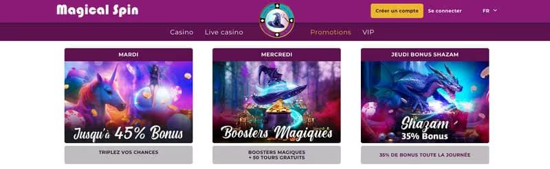Capture d'écran de l'interface du casino Magical Spin montrant les promotions